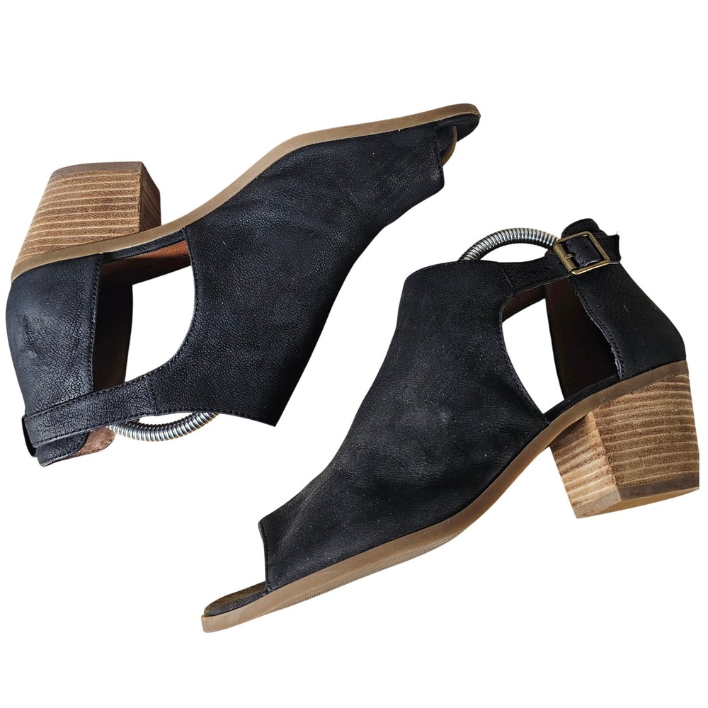 Lucky Brand Black Leather Barimo Peep Toe Cutout Block Heel Booties 8.5 M